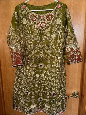 Embroidered Olive Green Kids Dress with Gold Detailing